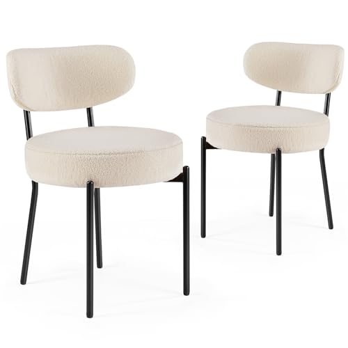 Mid Century Modern White Boucle Dining Chair Set of 2 with Curved Backrest & Metal Legs