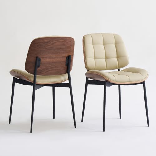 Mid Century Modern Walnut Back Dining Chairs, Beige Faux Leather, Set of 4