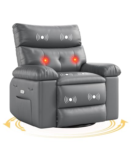 Electric Oversized Power Recliner Chair with Heat & Massage, PU Leather, 360° Rocking