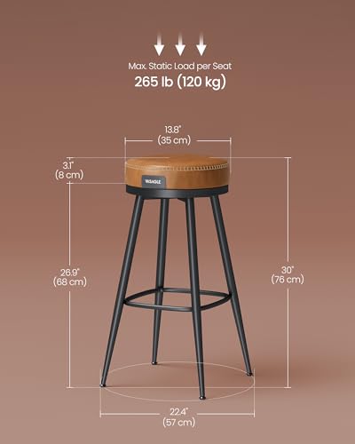 Mid-Century Modern Swivel Bar Stools Set for Home Bar - Set of 2, 30-Inch Tall, Caramel Brown
