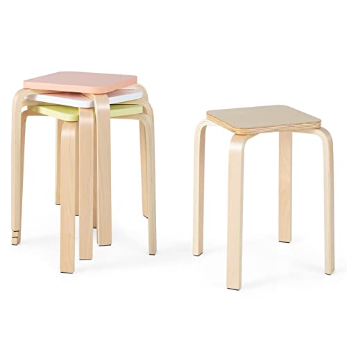 COSTWAY Stackable Bentwood Stools, 4 Pack, 18-Inch Height, Assorted Colors