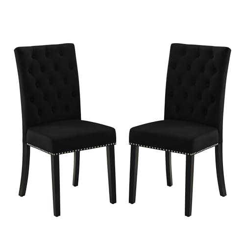 Black Button Tufted Velvet Parsons Dining Chair Set of 2