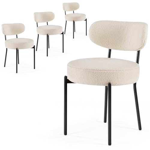 DUMOS Mid Century Modern Set of 4 Dining Chairs, Black Metal Legs, Beige Upholstered Curved Backrest