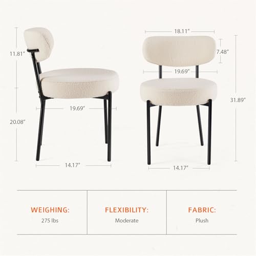 Mid Century Modern White Boucle Dining Chair Set of 2 with Curved Backrest & Metal Legs