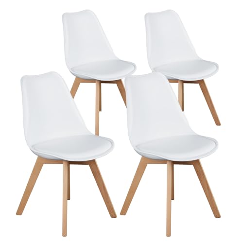 OLIXIS Mid-Century Modern White Dining Chair Set of 4 with Wood Legs and PU Leather