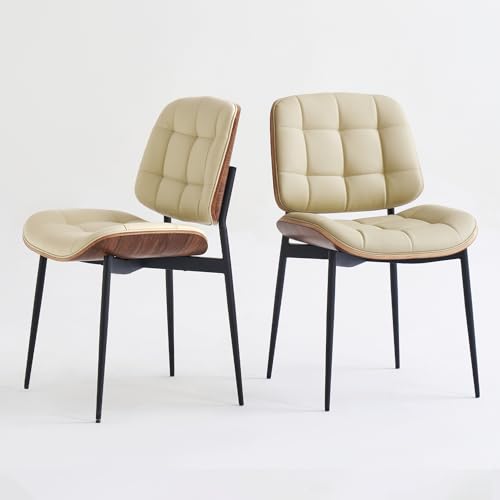 Mid Century Modern Walnut Back Dining Chairs, Beige Faux Leather, Set of 4