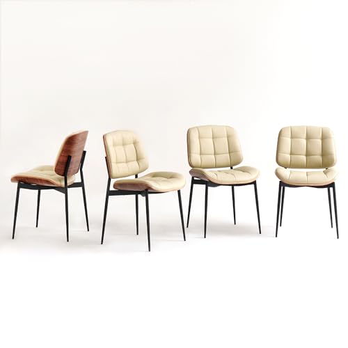 Mid Century Modern Walnut Back Dining Chairs, Beige Faux Leather, Set of 4