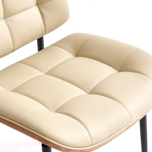 Mid Century Modern Walnut Back Dining Chairs, Beige Faux Leather, Set of 4