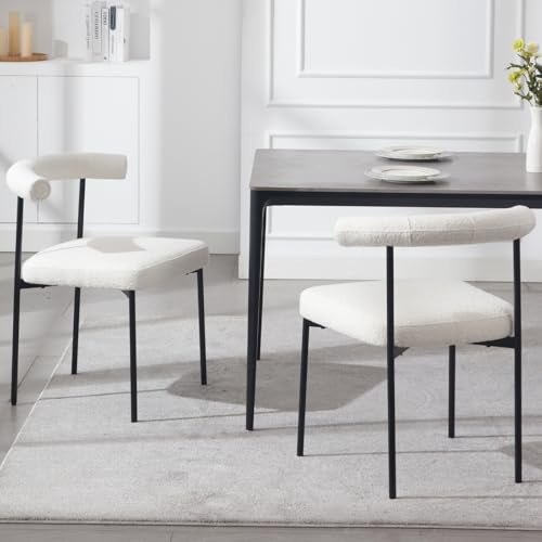 Modern DupMay Sherpa Upholstered Dining Chairs Set of 4, White Metal Legs Boucle Curved Back