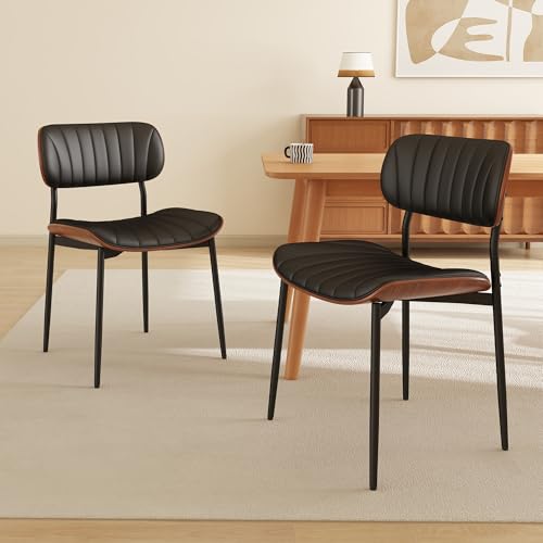 Modern Walnut Bentwood PU Leather Kitchen Dining Chair Set (Black)