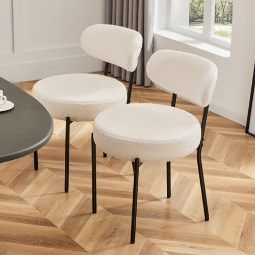 DUMOS Mid Century Modern Set of 4 Dining Chairs, Black Metal Legs, Beige Upholstered Curved Backrest