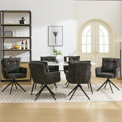 Mid-Century Modern Black Swivel Dining Chair Set of 6 Arm Upholstered