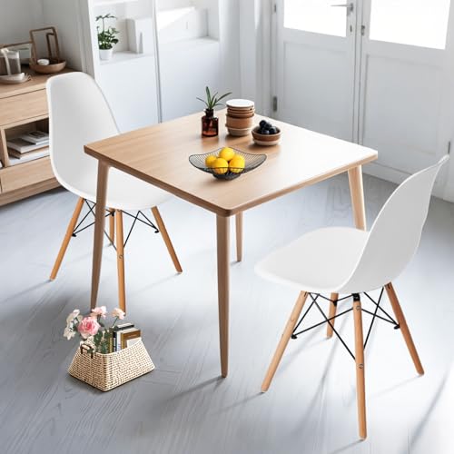 CangLong Modern Mid-Century White Plastic Lounge Chair with Natural Wood Legs Set of 2
