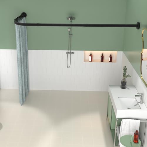 Adjustable Black L-Shaped Curved Shower Curtain Rod for Bathroom Tub