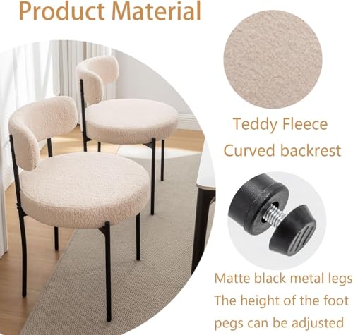 Boucle Upholstered Round Dining Chairs Set of 4, Black Metal Legs, Modern Kitchen and Dining Room
