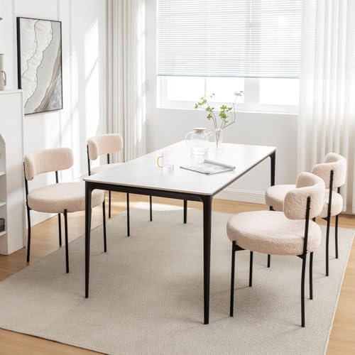 Boucle Upholstered Round Dining Chairs Set of 4, Black Metal Legs, Modern Kitchen and Dining Room