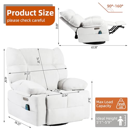2024 White Power Recliner Chair with Swivel Massage for Adults in Living Room or Bedroom