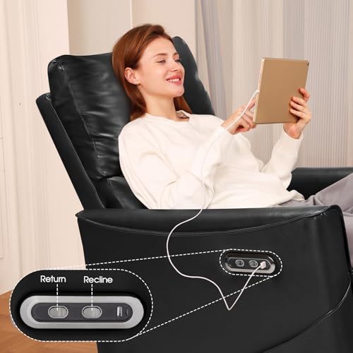 BedsPick Leather Swivel Rocker Recliner Chair, Electric with USB Ports (Black)