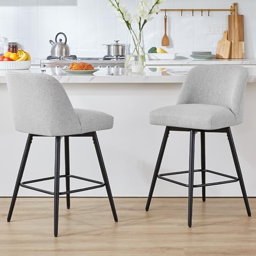 360° Swivel Modern Kitchen Stools, Grey Fabric, 26" Counter Height (Set of 3)