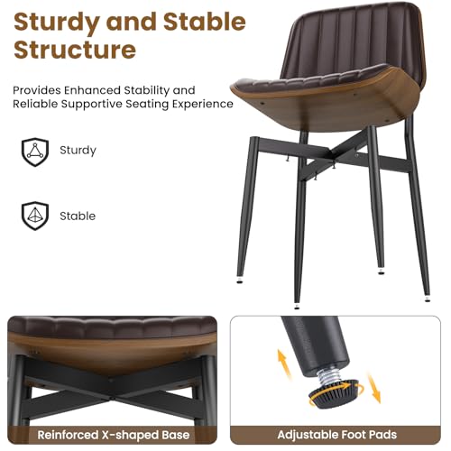 Mid Century Modern Dining Chair Set, PU Leather Vertical Stripe, Walnut Legs, Brown