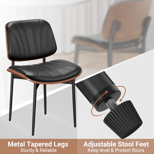 Mid-Century Modern PU Leather Dining Chair Set, Black Walnut Legs, Adjustable Feet
