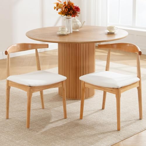 Mid Century Modern Natural Wood Dining Chair Set with Linen Cushions