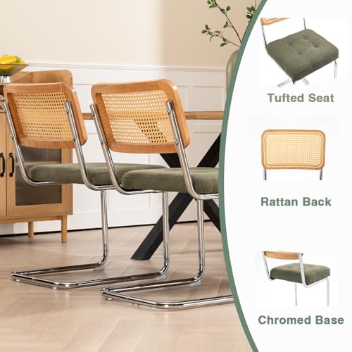 Mid-Century Green Velvet Cane Back Dining Chair Set of 2, Rattan Upholstery, Chromed Base