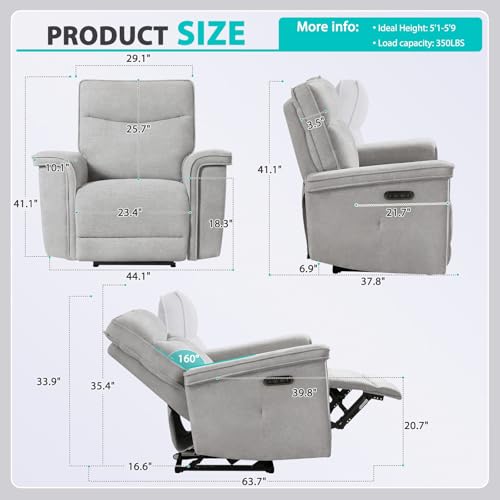 Electric Power Recliner Chair with Adjustable Headrest and Massage for Home Theater, Light Grey Color