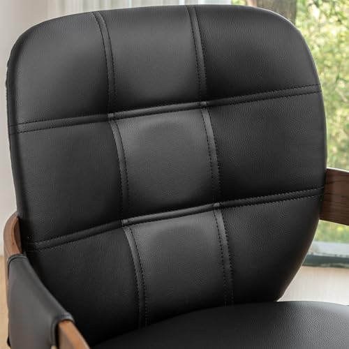 Mid Century Modern Walnut Swivel Dining Chair - Faux Leather