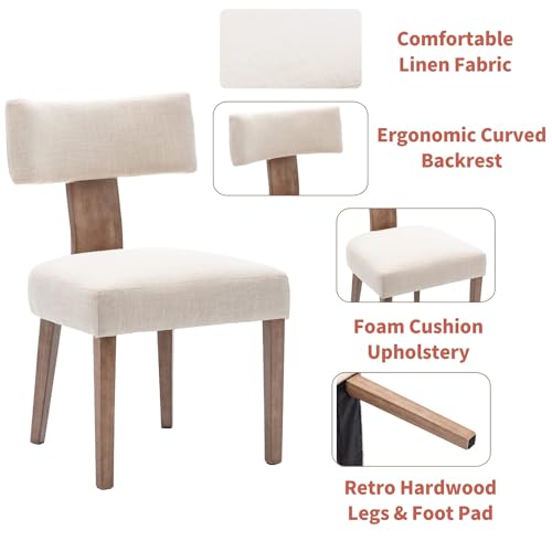 Mid Century Modern Farmhouse Linen Dining Chair Set, Curved Back, Beige, Hardwood Frame