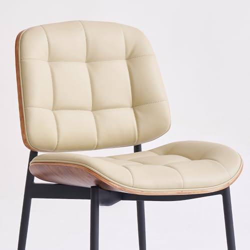 Mid Century Modern Walnut Back Dining Chairs, Beige Faux Leather, Set of 4
