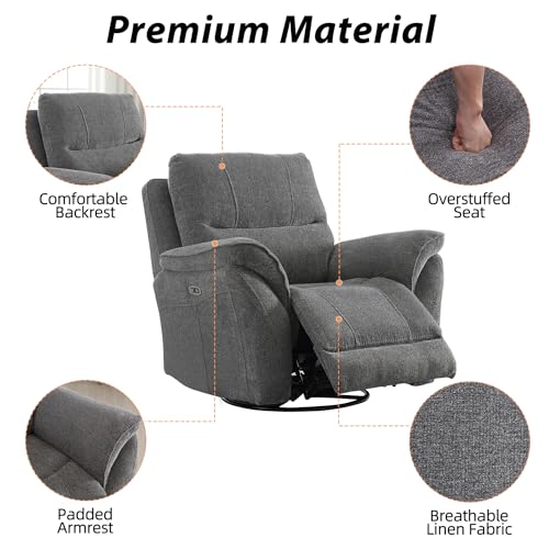 INZOY Power Recliner Swivel Chair, Fabric Grey