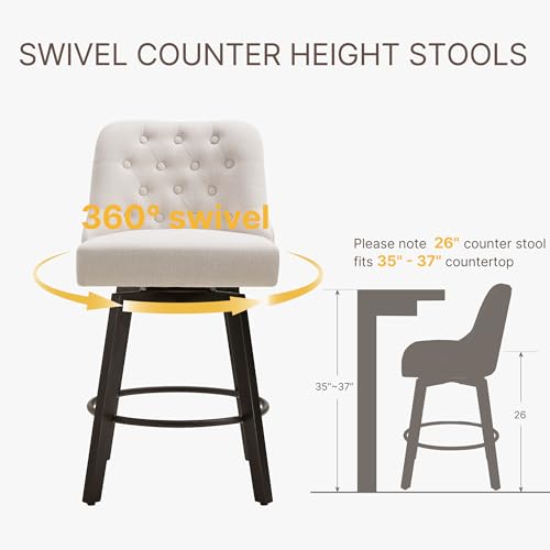 Beige Fabric Swivel Barstools, 26" Height, Kitchen Island Set of 2