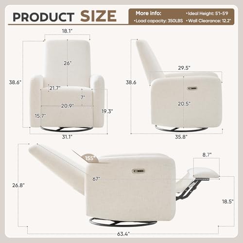 Cream Chenille Upholstered Swivel Rocker Recliner with Charging Ports