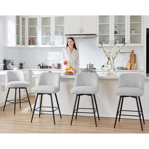 360° Swivel Modern Kitchen Stools, Grey Fabric, 26" Counter Height (Set of 3)