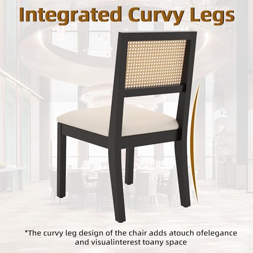 Westice Farmhouse Natural Rattan Dining Chair Set, 4 Pack with Cushion, Wood Armless Chairs for Kitchen/Restaurant, Blac