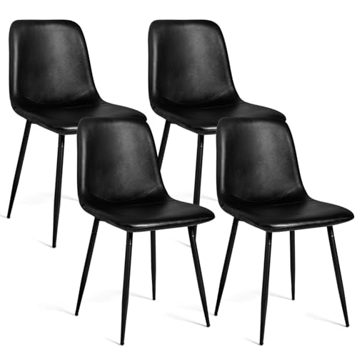 Four CangLong Dining Chairs in Black with Faux Leather Seat and Soft Backrest, Ideal for Living and Meeting Rooms
