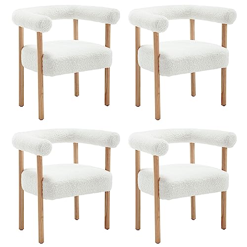 Mid Century Modern Barrel Dining Chair Set - White Sherpa Boucle Accents - Kitchen, Dining, Living Room