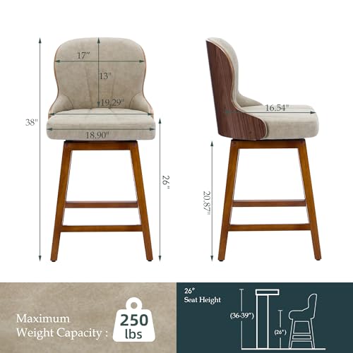 Set of 4 Swivel Counter Height Bar Stools with Bentwood Backs for Kitchen Island - Beige