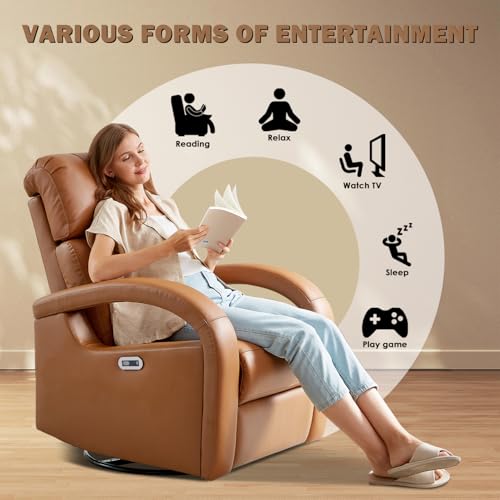 Genuine Camel Brown Leather Power Recliner Living Room Chair