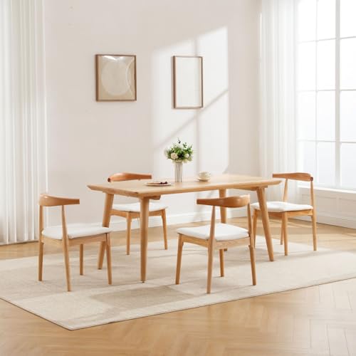 Mid Century Modern Natural Wood Dining Chair Set with Linen Cushions