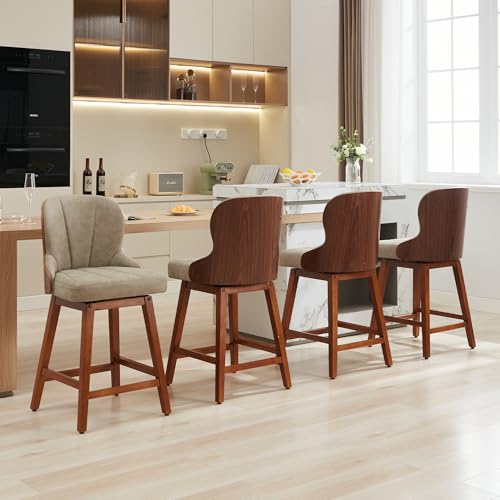 Set of 4 Swivel Counter Height Bar Stools with Bentwood Backs for Kitchen Island - Beige