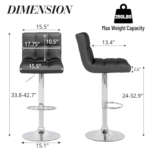 Modern Black PU Leather Bar Stool Set, Adjustable Swivel Chair, Backrest, Large Base for Kitchen Island