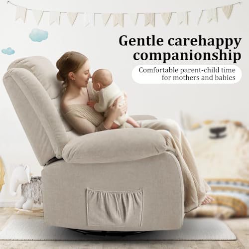 Cashmere Recliner Chair with Massage and Heat, Beige 360° Swivel Rocker