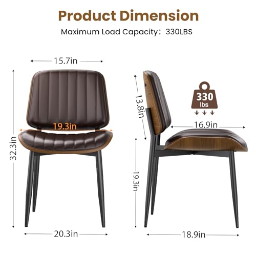 Mid Century Modern Dining Chair Set, PU Leather Vertical Stripe, Walnut Legs, Brown