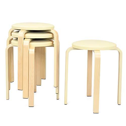 COSTWAY 4-Pack Bentwood Stack Stools, Non-Slip PU Leather Top, Classroom Kitchen Set