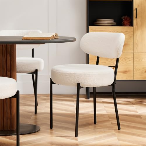 Mid Century Modern White Boucle Dining Chair Set of 2 with Curved Backrest & Metal Legs