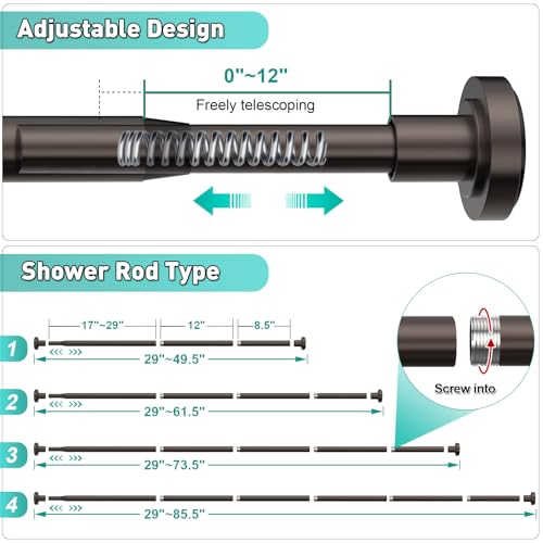 PrettyHome Curved & Adjustable Bronze Shower Curtain Rod (38-72") & Chrome Spring Tension Rod (29-74")