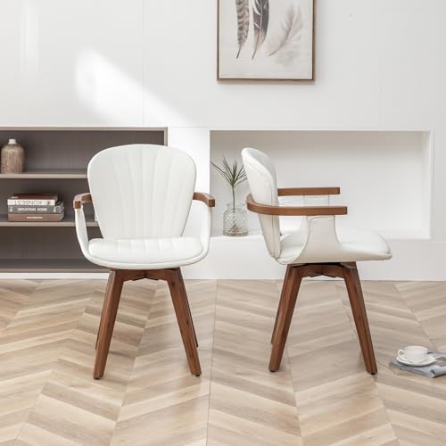 LUNLING Mid Century Modern White Faux Leather Swivel Chair Set, Bamboo Legs