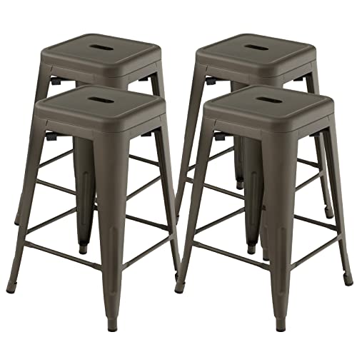COSTWAY 24" Stackable Metal Bar Stool Set, X-Reinforced Design, Comfortable Footrest for Kitchen, Pub (Gun)